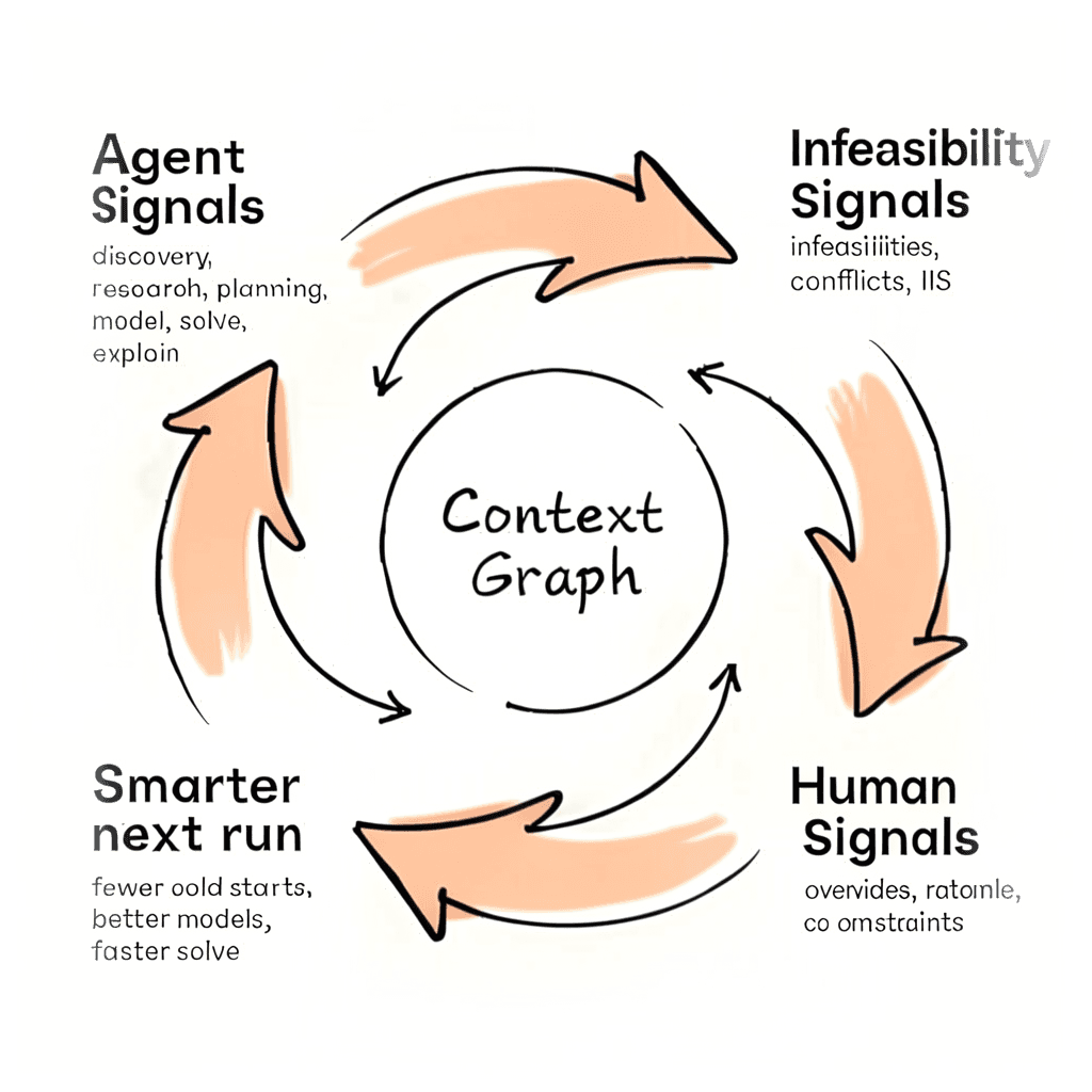 DcisionAI learning flywheel: agent, infeasibility, and human signals converging on the context graph